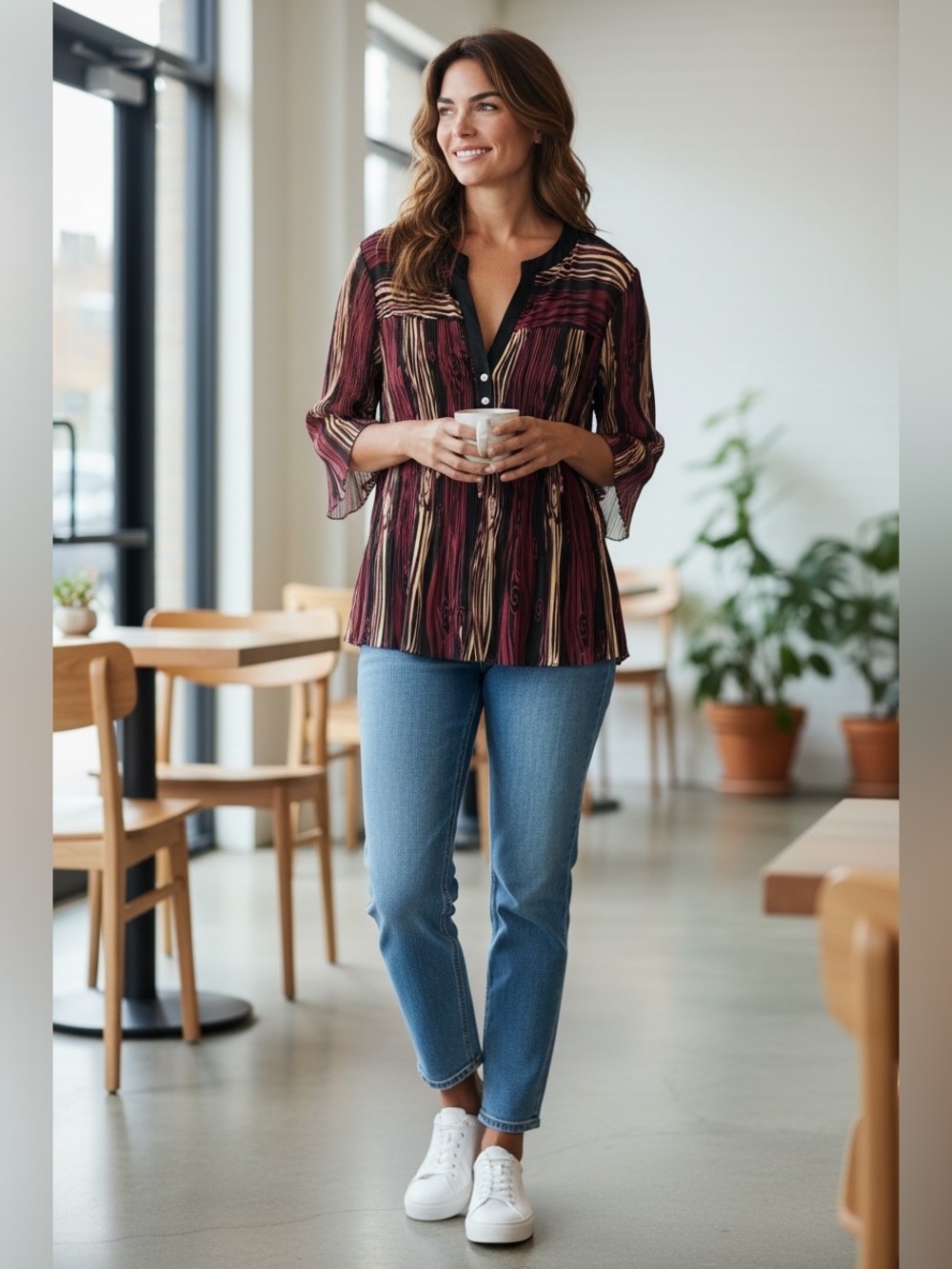 Striped Button-Front Blouse in Burgundy and Tan